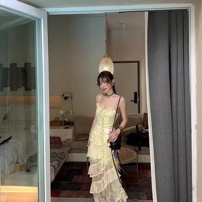 Jupe design en dentelle coréenne-jupe longue superposée élégante taille haute pour femmes