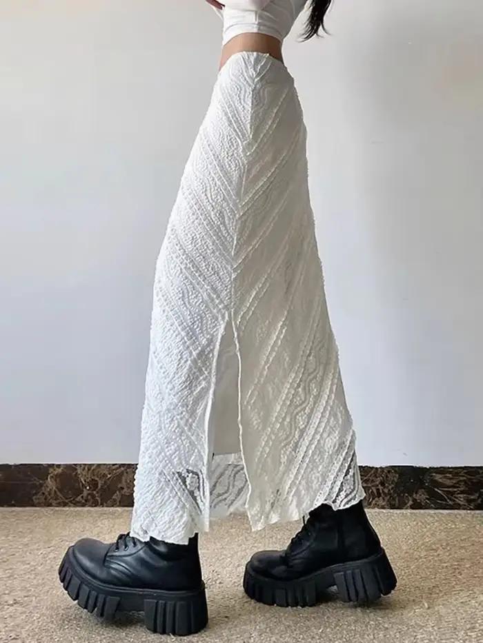 Jupe longue en dentelle blanche élégante pour femmes junior style streetwear vintage été