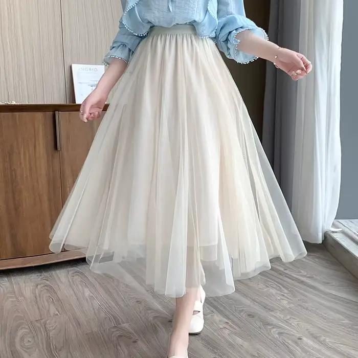 Midi Tulle gaze jupe nouvelle mode féminine taille haute mi-longue