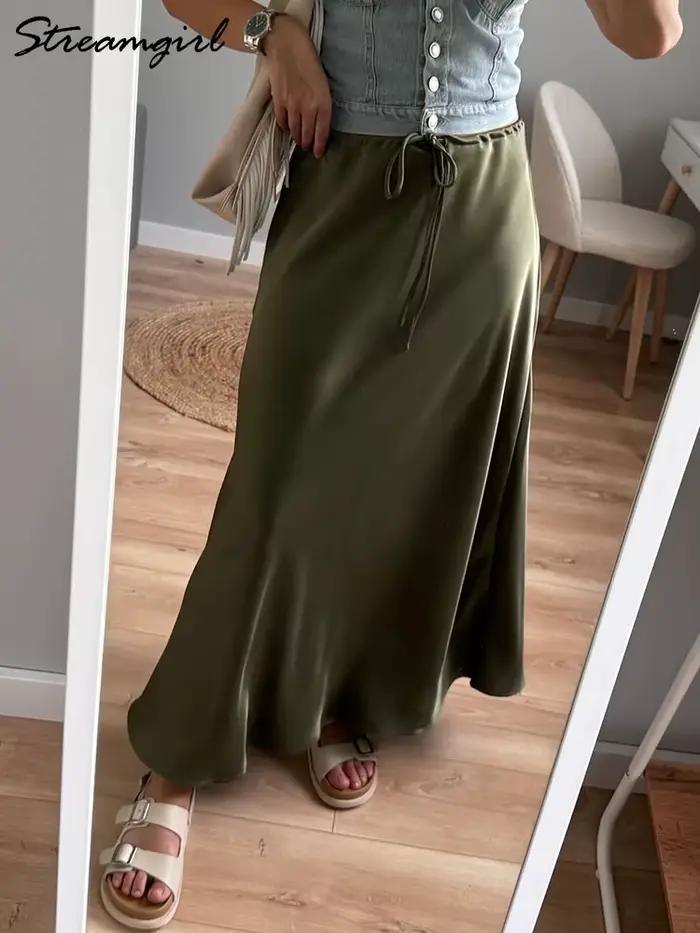 Champagne jupes longues pour femmes élégant 2025 luxe Satin jupe longue Beige une ligne cravate armée vert Maxi