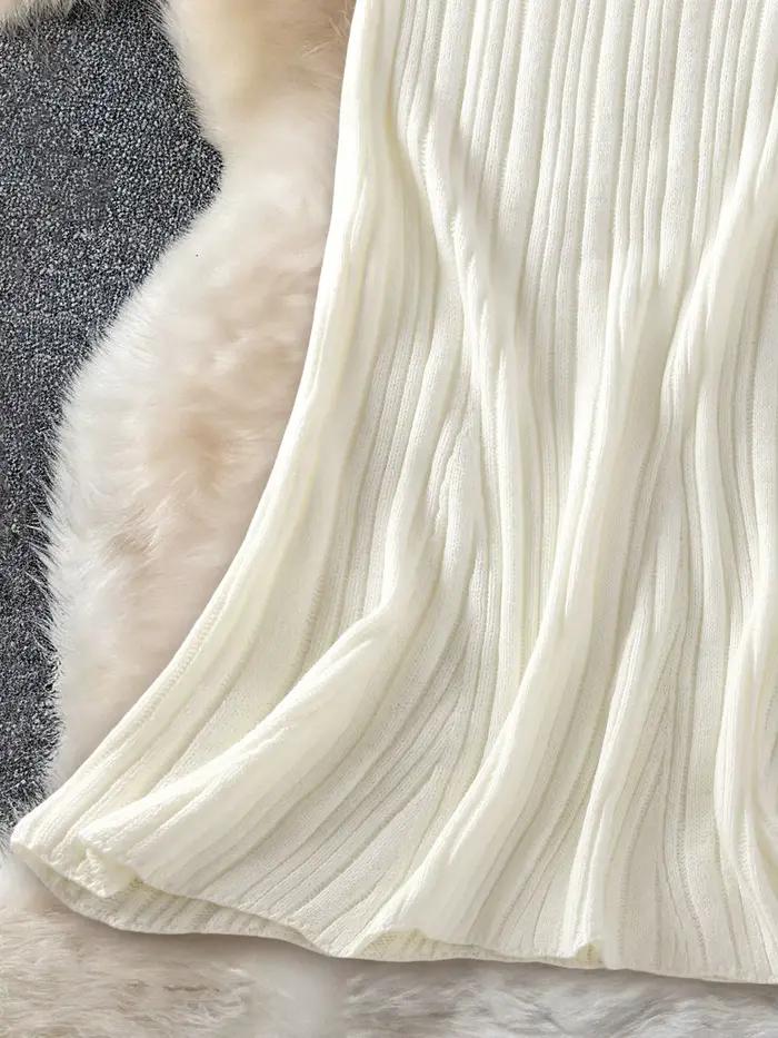 Jupe midi en maille côtelée crème pour femme, taille haute, coupe ajustée, ourlet évasé, décontractée pour le quotidien