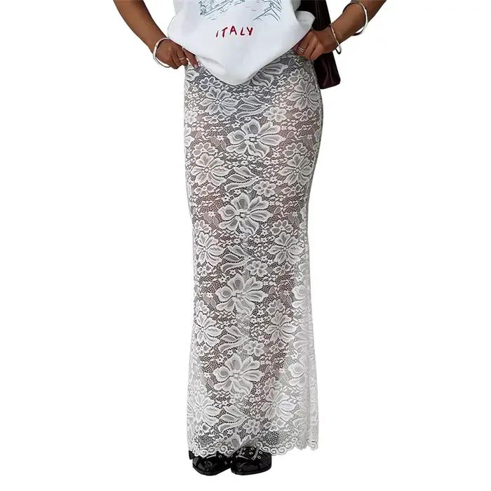 Jupe longue florale en dentelle transparente pour femmes
