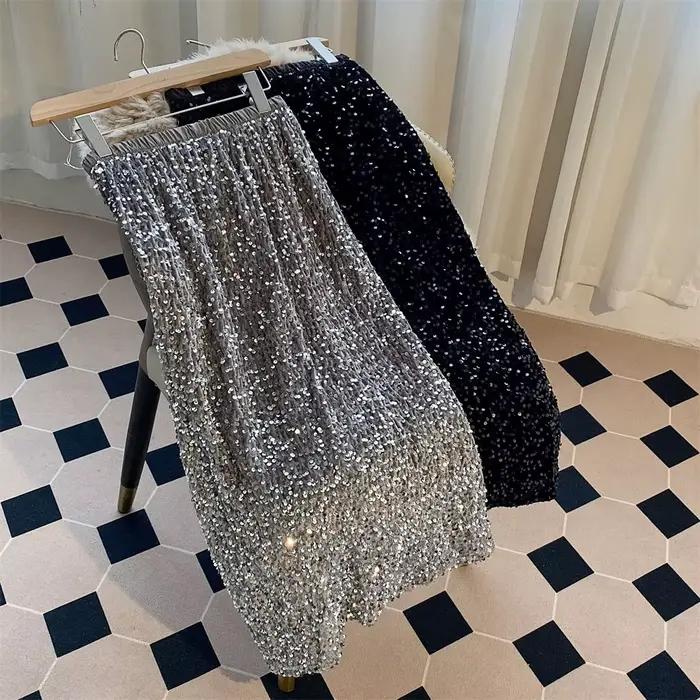 Chic noir et argent Paillettes Jupe Midi Style coréen Юбки Faldas Mujer
