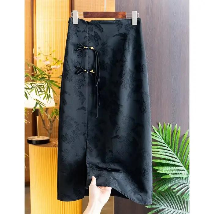 Jupe Jacquard Retro Chic Femme Taille Haute Fente Perlée Printemps Automne Activités Sportives Occasions Spéciales