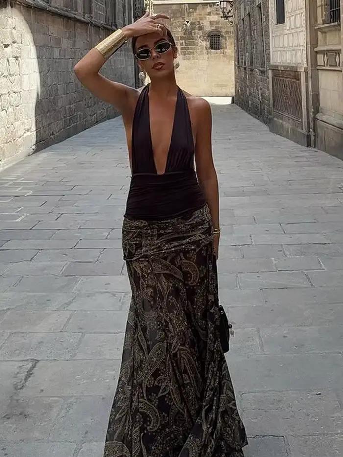 Mode imprimé jupe longue femmes taille haute cheville longueur