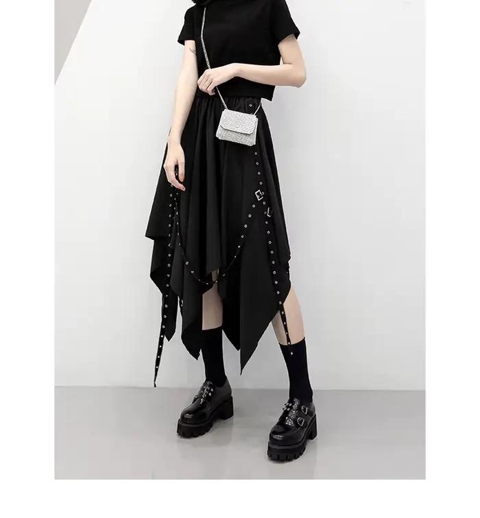 Jupe gothique CORLVON pour fille style punk Y2K nouvelle collection mi-mollet polyester patch-travail silhouette une ligne occassions spéciales automne hiver