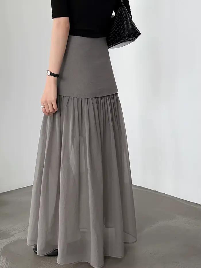 Jupe longue trapèze élégante à taille haute en maille grise et blanche pour femme, nouvelle collection printemps automne 2026, décontractée et polyvalente