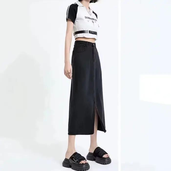 Jupe mi-longue en jean noir New Tang taille haute décontractée pour femmes été voyage style frais et élégant polyvalent occasions spéciales