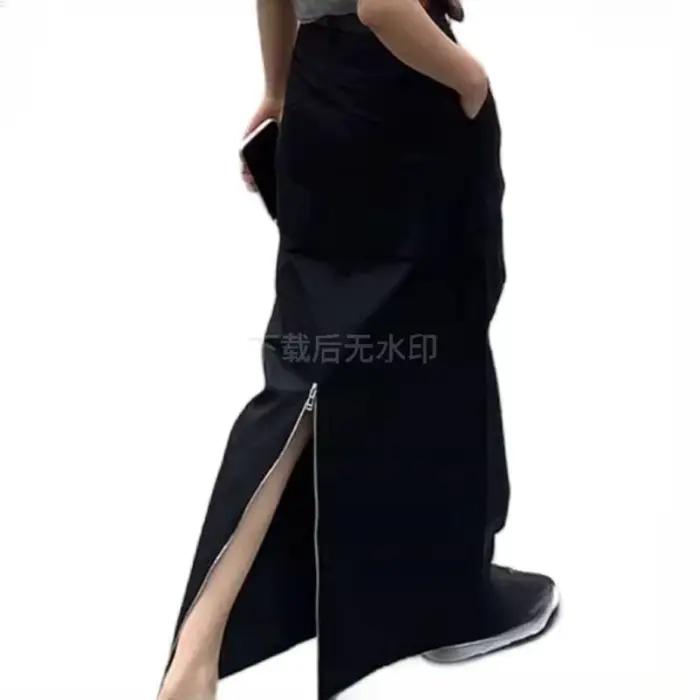 Jupe redingote noire femme 2025 printemps et été taille haute mince fendue