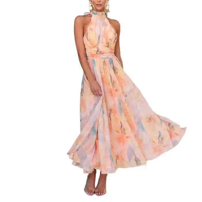 Robe longue femmes imprimer robes licou cou sans manches dos nu à lacets Maxi
