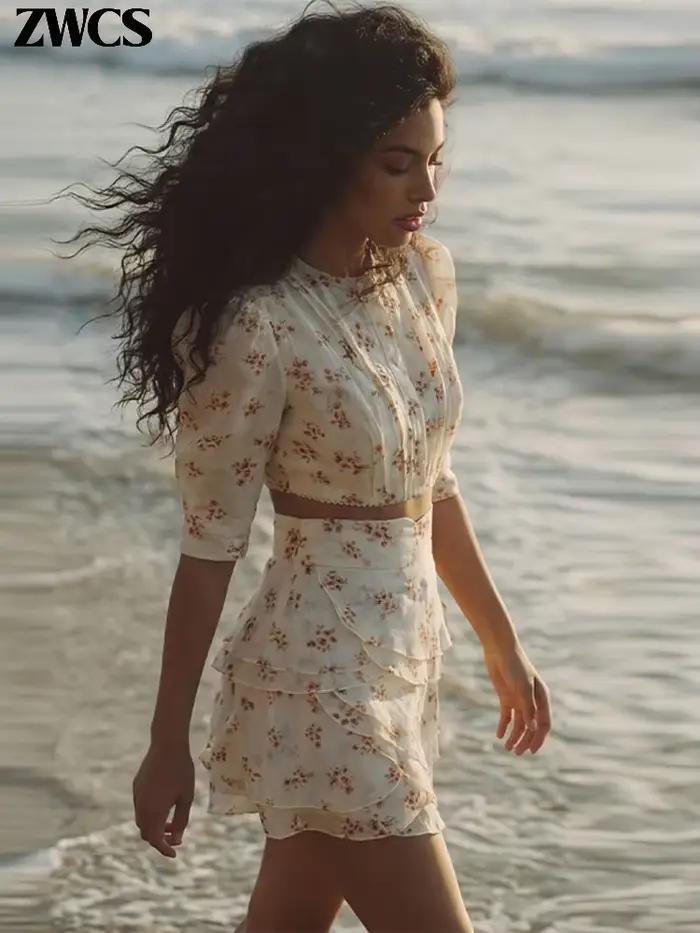 Ensemble 2 pièces jupe courte à volants imprimé floral pour femme