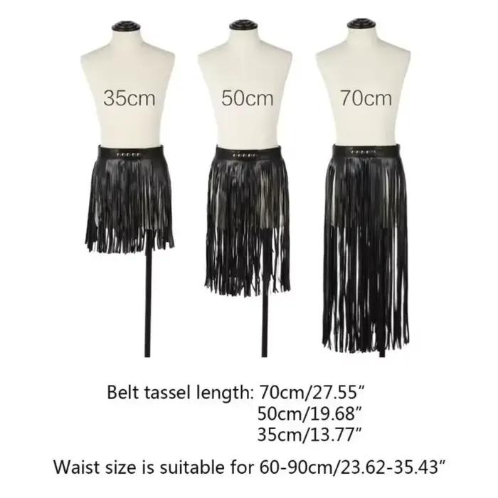 Jupe longue à franges et pompons en similicuir, taille haute, ajustable, style punk rock bohème, avec ceinture, pour tenue de club