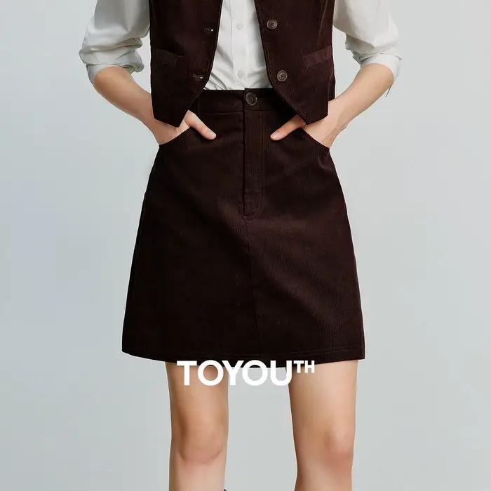TOYOUTH femmes jupe Midi 2025 automne nouveau rétro velours côtelé taille élastique pur coton une ligne Mini