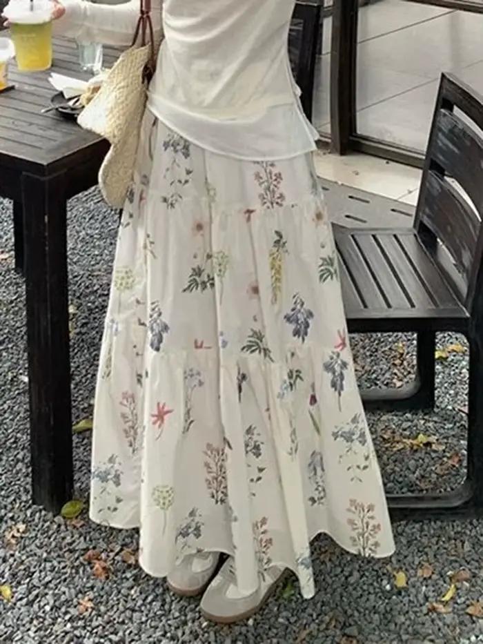 Jupes longues florales femmes douce taille haute mode élégante une ligne jupe décontracté Style Preppy français ample