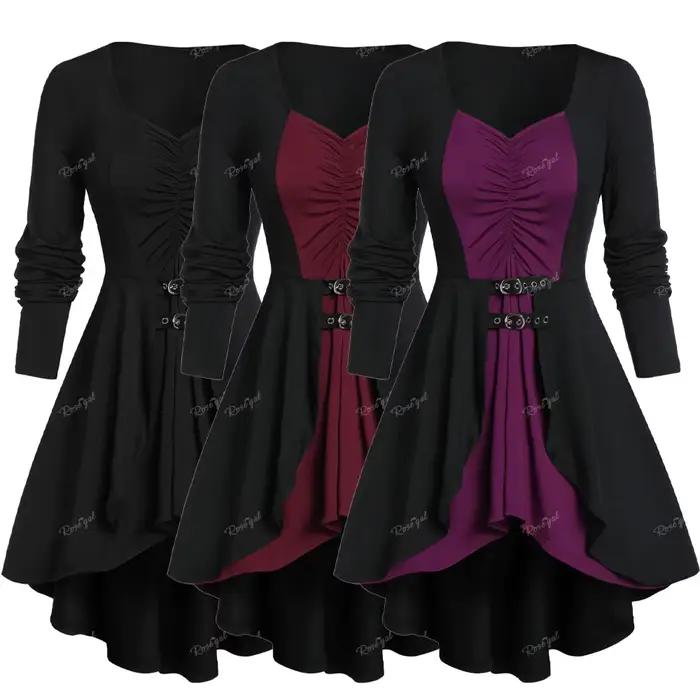 Tunique T-shirt Gothique Grande Taille pour Femme, Manches Longues, Bicolore, à Lacets au Dos, Froncée, avec Oeillets et Boucles, Ourlet Asymétrique