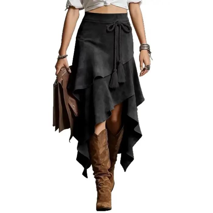 Jupe longue asymétrique vintage en daim taille haute coupe ajustée pour femmes style vintage occasions spéciales