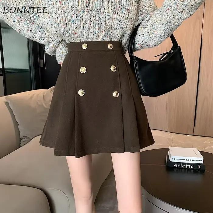 Jupes plissées femmes bouton loisirs concepteur couleurs pures élégant Harajuku Style coréen Faldas BF Vintage tout-match automne hiver