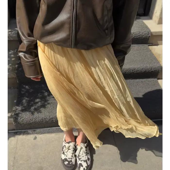 MUJER jupes longues plissées jaunes pour femmes jupe Midi taille haute superposée femme été