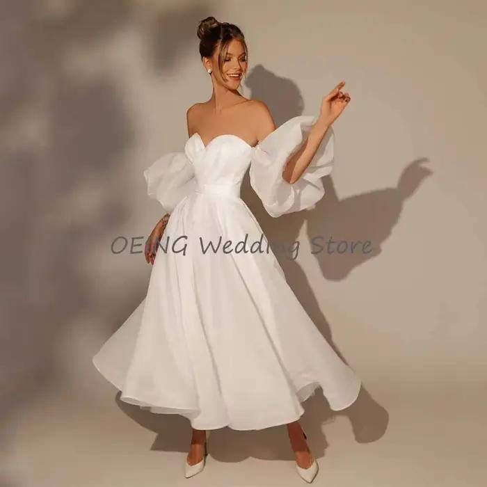 Robe de mariée mi-longue ligne A, manches bouffantes, robe courte, robes de patients simples, dos nu, chérie blanche, longueur rinçage, 2023