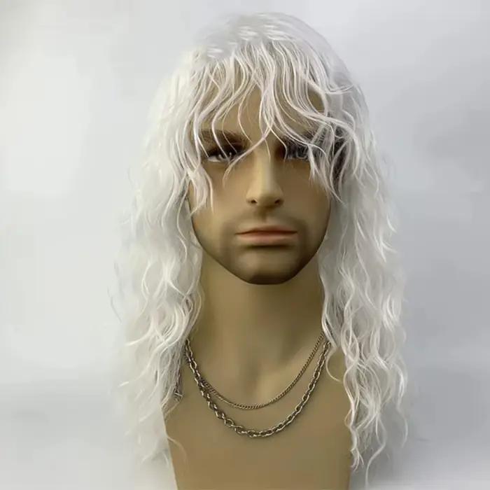 Perruque synthétique noire naturelle de 18 pouces, cheveux longs bouclés pour hommes, usage quotidien avec frange, Punk Rock, tenues cadeaux, perruque de fête costumée
