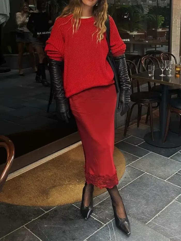 Jupe longue mi-glissante en dentelle avec sous-jupe en satin pour femmes style vintage occasions spéciales été 2025