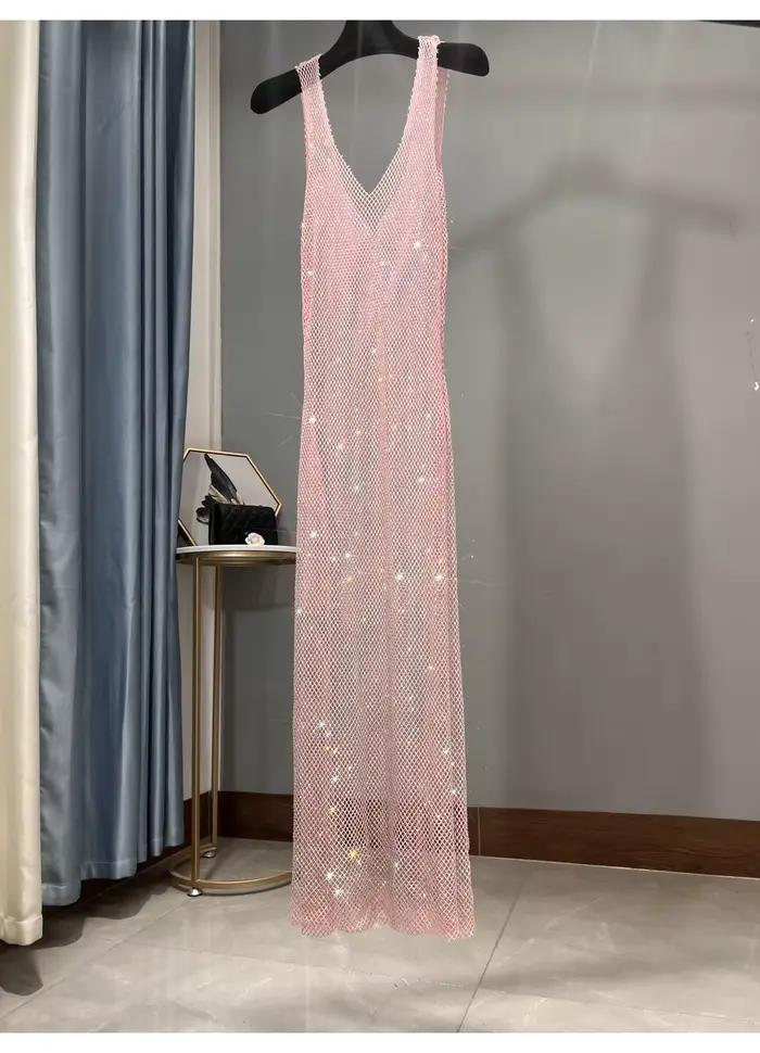 Robe de soirée à strass, décolleté en v profond, Sexy, longue maille fine et scintillante, vêtements de Club pour femmes, nouvelle collection été 2023