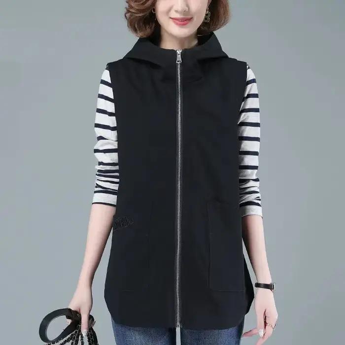 Gilet mi-long pour femme, nouvelle collection printemps 2026, style coréen, sans manches, décontracté, à capuche, avec fermeture éclair, veste d'extérieur