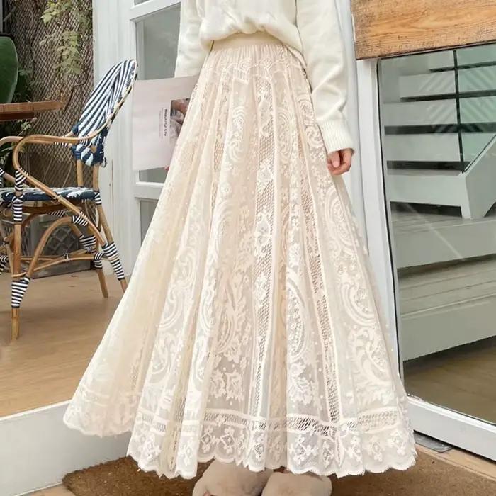 Jupes longues Maxi pour femmes printemps été coréen mignon Style princesse élastique taille haute a-ligne jupe en dentelle florale blanc noir