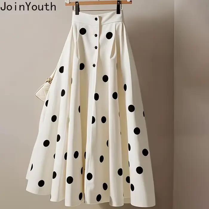 Jupe blanche à pois pour femmes 2025 Faldas Mujer De Moda taille haute a-ligne
