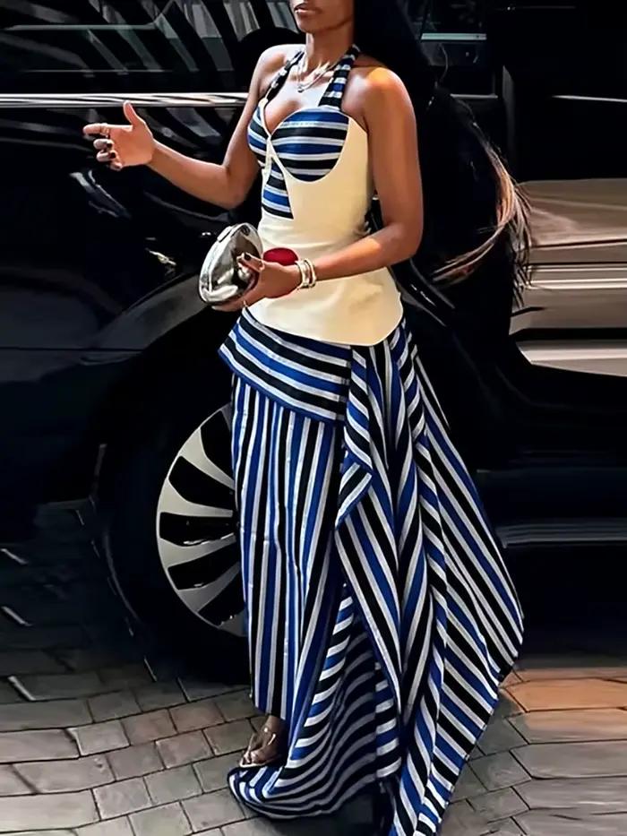 Ensemble jupe haut sexy à col halter et jupe asymétrique en fibre de polyester pour femmes, tenue élégante pour soirées et occasions spéciales