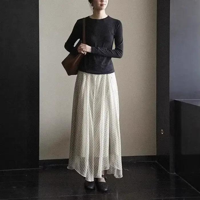 Jupe longue midi imprimée drapée irrégulière de style français pour femme