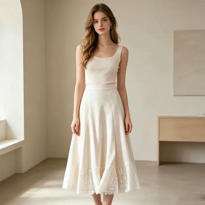Jupe longue évasée mi-longue taille haute en satin lisse avec ourlet en dentelle florale