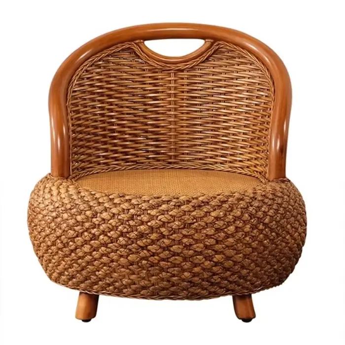 Chaise d'appoint ronde en rotin tissé, siège de sol confortable avec dossier, Pouf confortable pour balcon et salon