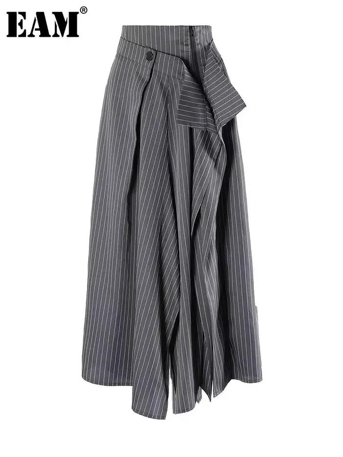 EAM Jupe Mi-Longue Plissée Ir régulière Élégante à Rayures Grises Taille Haute Pour Femmes Bureau Occasions Spéciales Polyester Coton