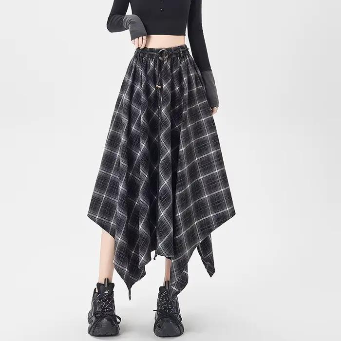 Jupe à carreaux taille haute élastique pour femmes