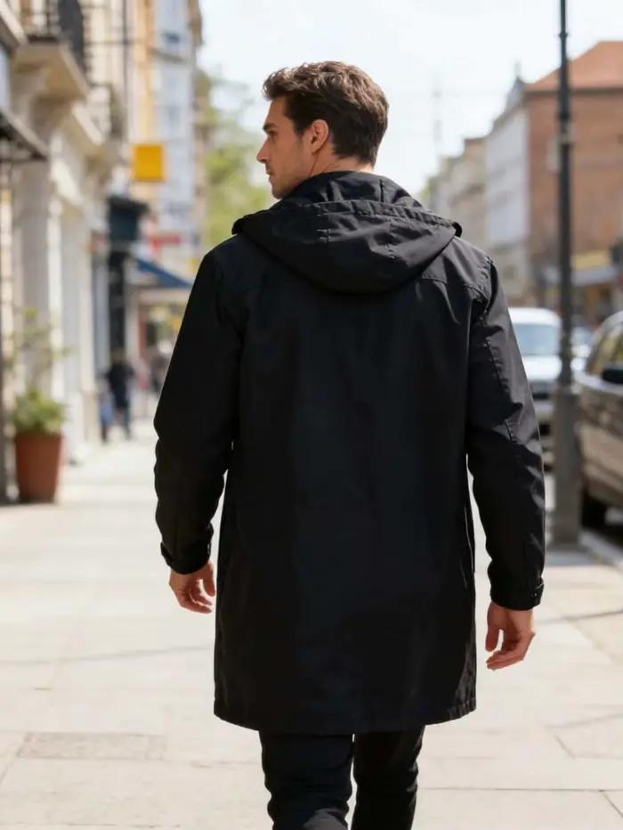 Parka longue à capuche pour homme noir, coupe-vent mi-longue décontractée urbaine avec capuche ajustable et poches zippées