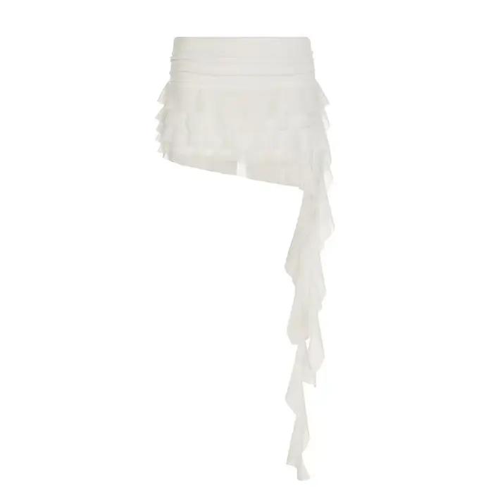 Jupe courte asymétrique à volants en maille transparente pour femme