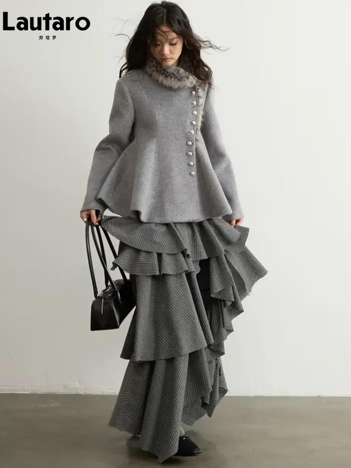 Jupe longue asymétrique à volants rayée grise Lautaro Printemps Automne pour femme – Élégante