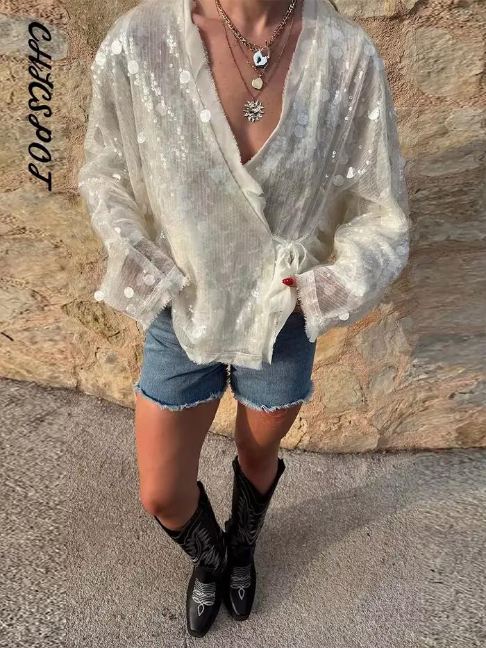 Nouveaux hauts amples à lacets et sequins pour femmes