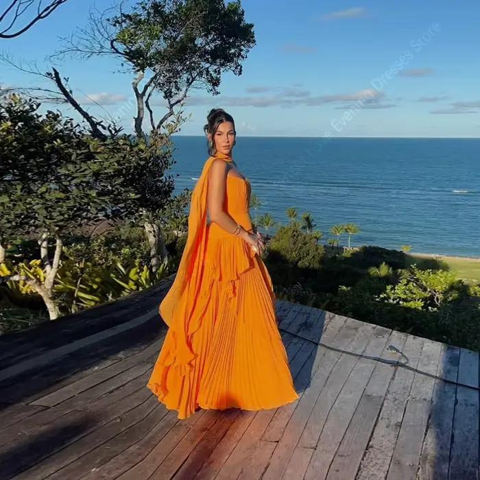 Robe de soirée élégante à volants Orange pour femmes, sans manches, ligne a, robes de bal, de Cocktail, personnalisées