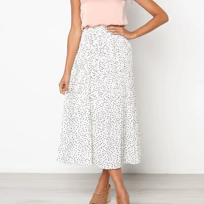 Jupe Midi Plissée à Pois Blancs et Imprimé Floral pour Femme, Taille Haute artificiel astique, Poches Latérales, Élégante, Astronomique, Été 2019