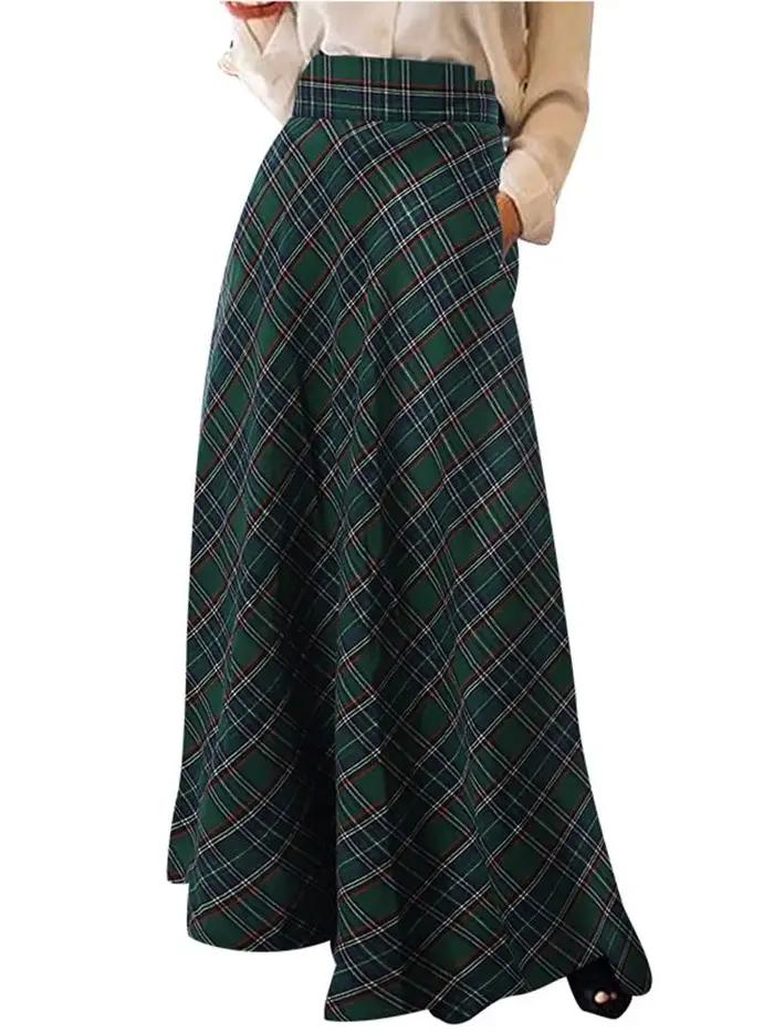 Jupe longue à carreaux pour femmes, Robe d'été décontractée, Taille haute, A-ligne, Vintage, Maxi, Automne, Mode, Polyester, Style décontracté, Vintage, Occasions spéciales
