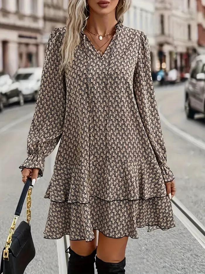 Grande taille 1XL-5XL femmes mode robe imprimée col en v décontracté à manches longues fête manches évasées à volants robe ample