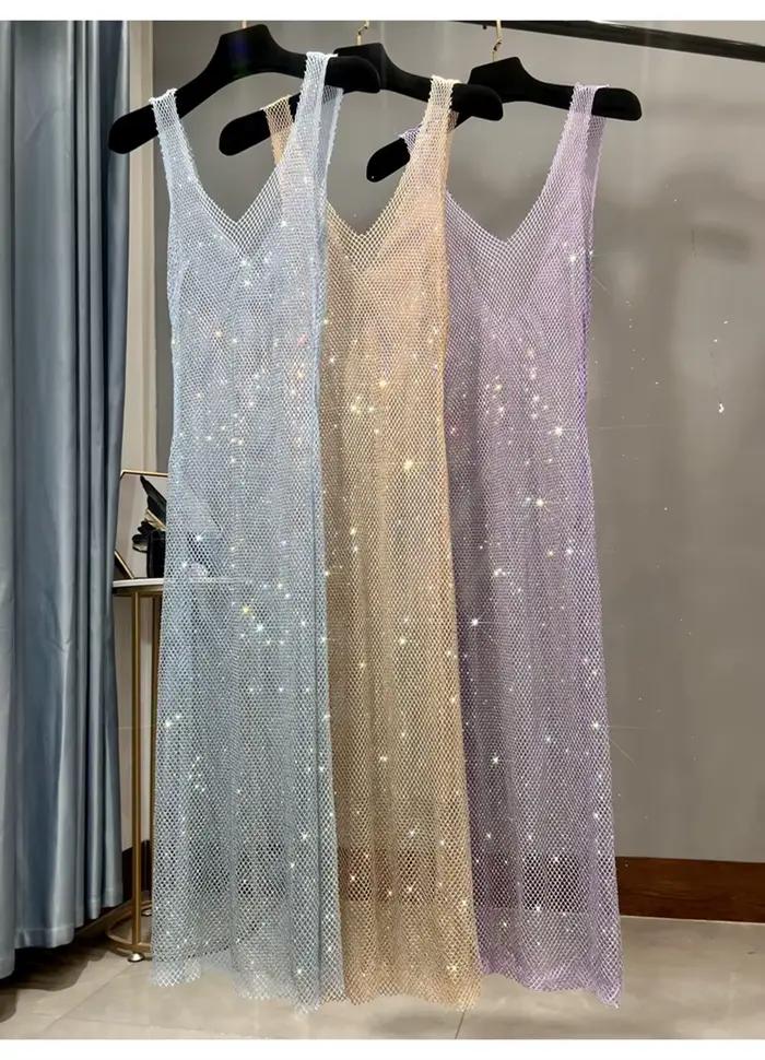 Robe de soirée à strass, décolleté en v profond, Sexy, longue maille fine et scintillante, vêtements de Club pour femmes, nouvelle collection été 2023