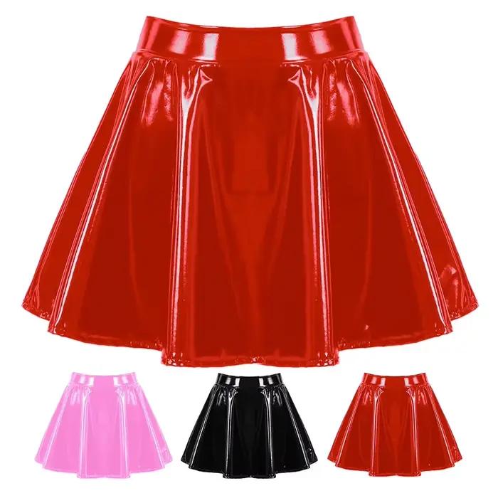 Jupe trapèze Zyncue en cuir verni pour femmes, mini-jupe évasée, tenue de danse, cosplay, style rétro, occasions spéciales