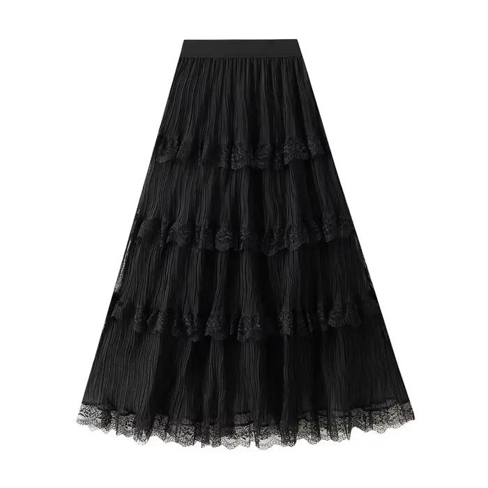 Fée plissée maille gaze Patchwork dentelle jupe femmes mode 2025 printemps été nouveau taille haute décontractée tout-match gâteau jupes