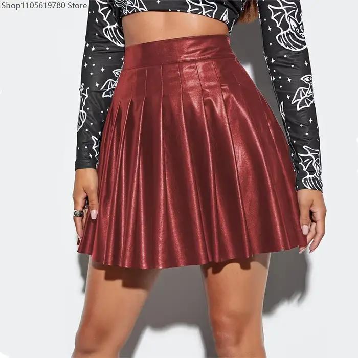 Mini-jupe plissée sexy en similicuir pour femme