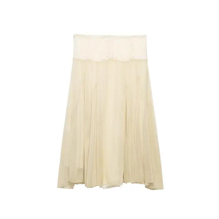 Jupe midi élégante en mousseline beige avec dentelle pour femme, taille haute, fluide, coupe trapèze, style féerique, idéale pour les vacances et les rendez-vous