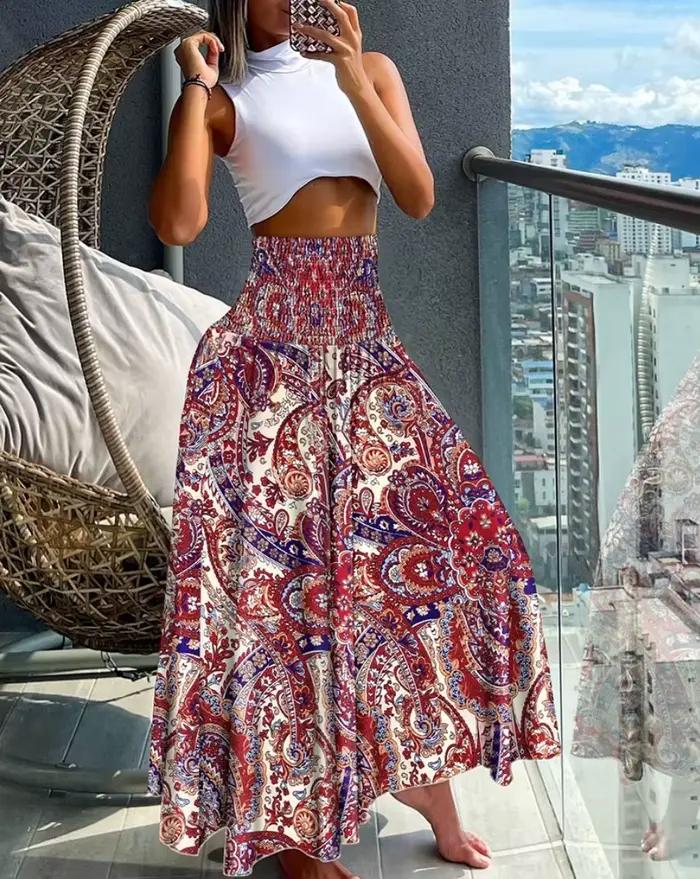 Jupe longue imprimée floral polyester pour femmes, taille haute, longueur cheville, couleur multiple, style bureau dame, artisanat TAT, confort et élégance estivale