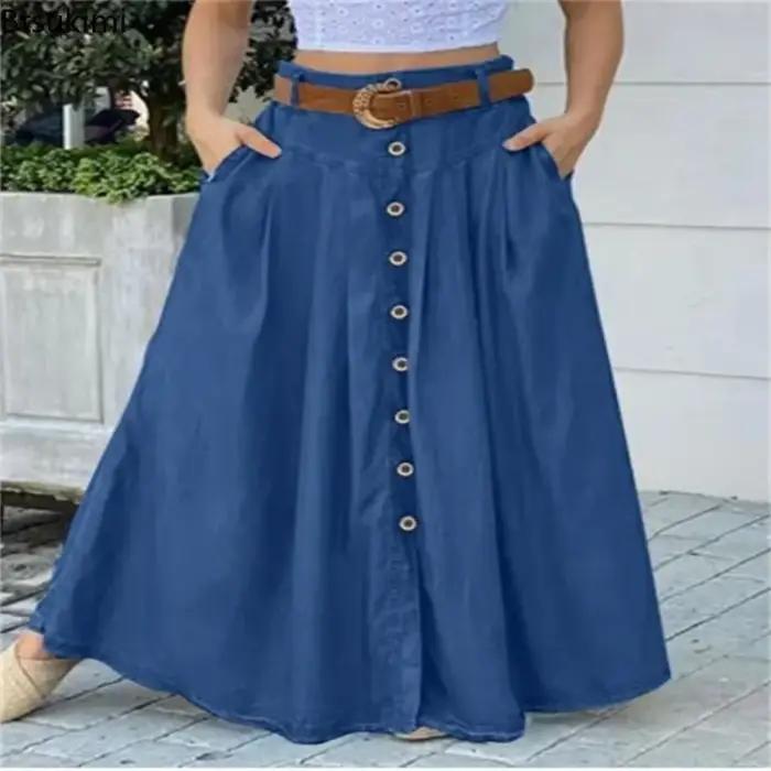 Nouvelles jupes longues 2026 pour femmes, grande taille, printemps-été, robe décontractée boutonnée, jupe taille haute unie, élégante robe de soirée pour femme